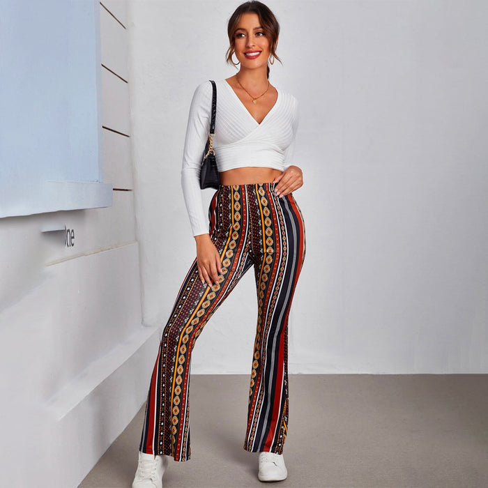 Geo And Striped Print Flare Leg Pants