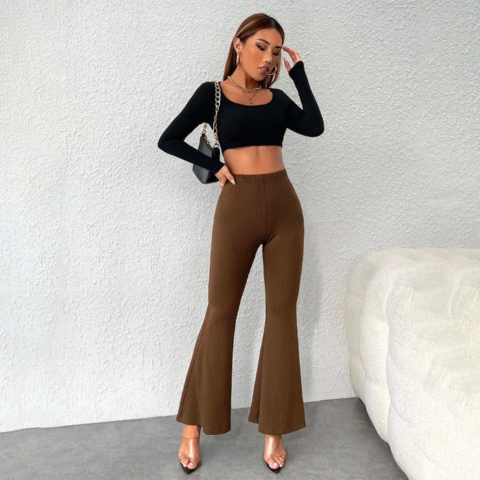 High Waist Rib Knit Flare Leg Pants