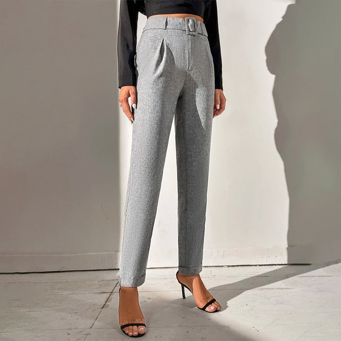 Solid Straight Leg Casual Belted Pants