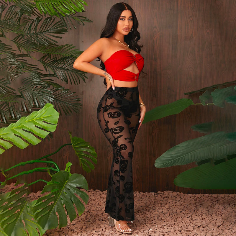 Floral Flocked Mesh Sheer Pants