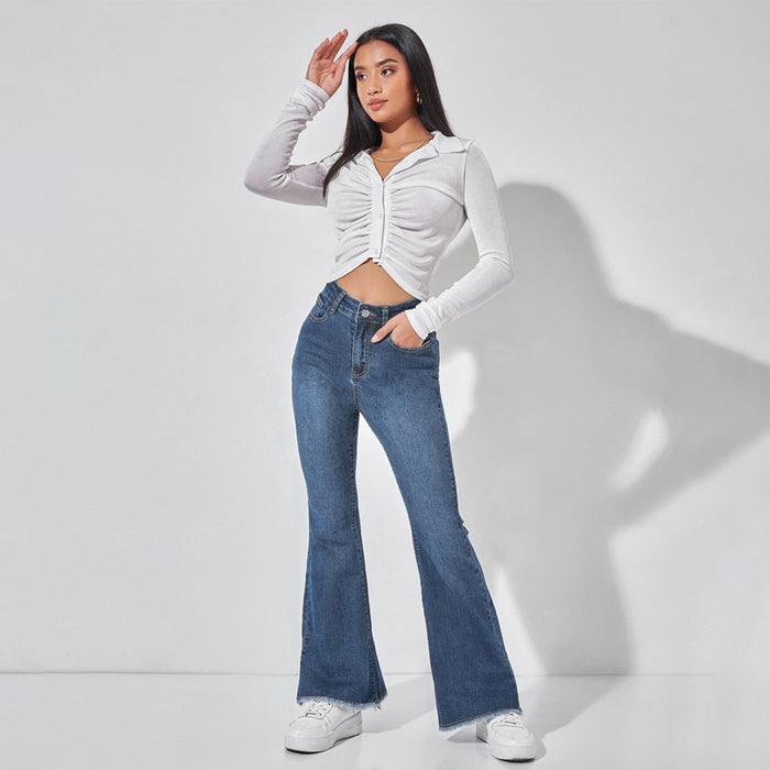 High Waist Raw Hem Flare Leg Jeans