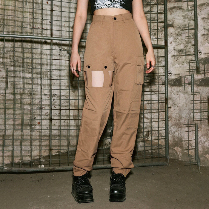 Solid Cut Out Cargo Pants