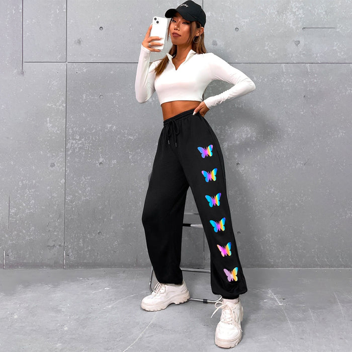 Reflective Butterfly Print Drawstring Waist Sweatpants