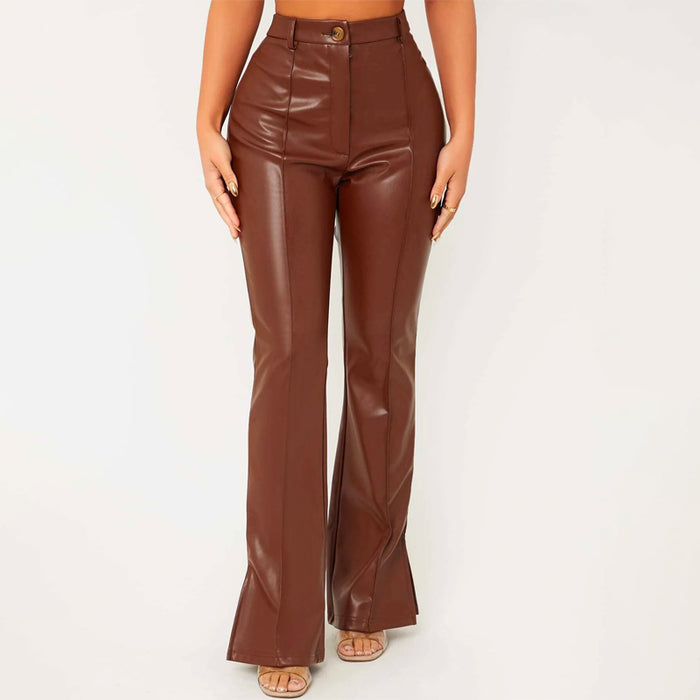 Zipper Fly Seam Front Split Hem Leather Pants