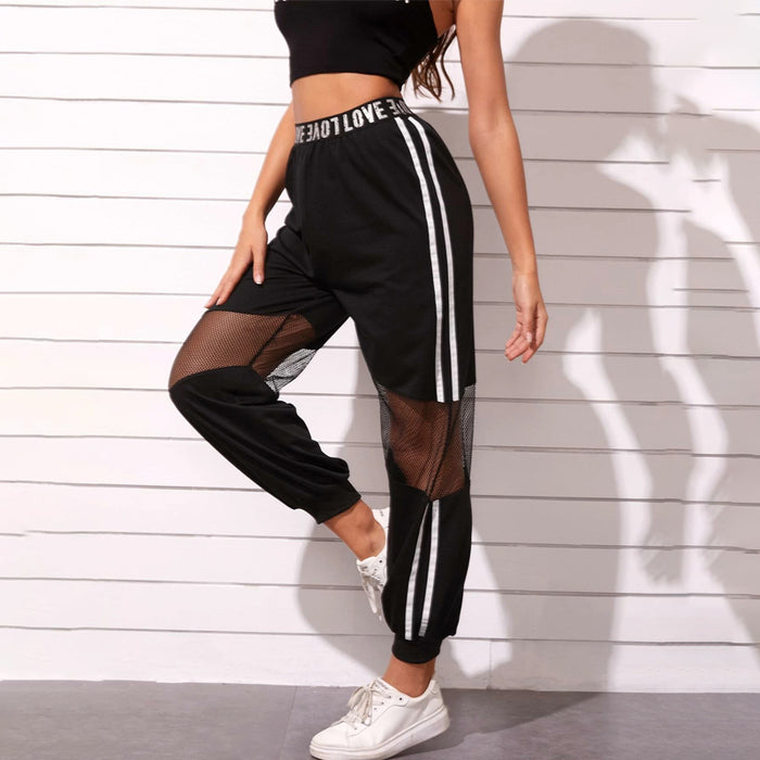 Letter Tape Waist Striped Side Sheer Fishnet Sweatpants