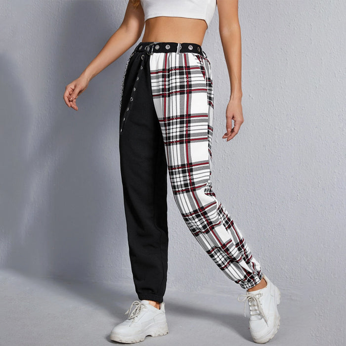 Color Block Tartan Chain Detail Belted Pants