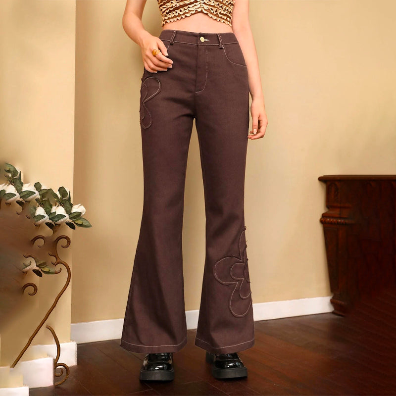 High Waist Floral Patched Flare Leg Pants