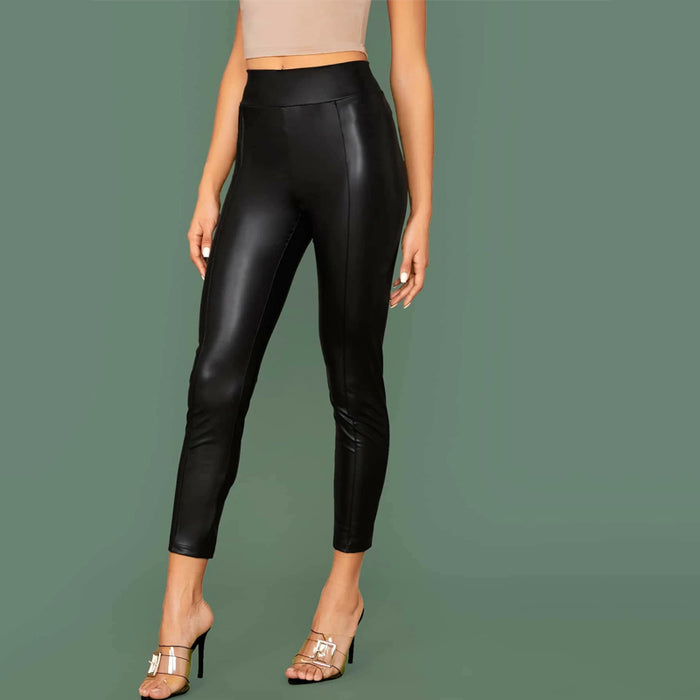 Elastic Waist Seam Front Leather Look Pants