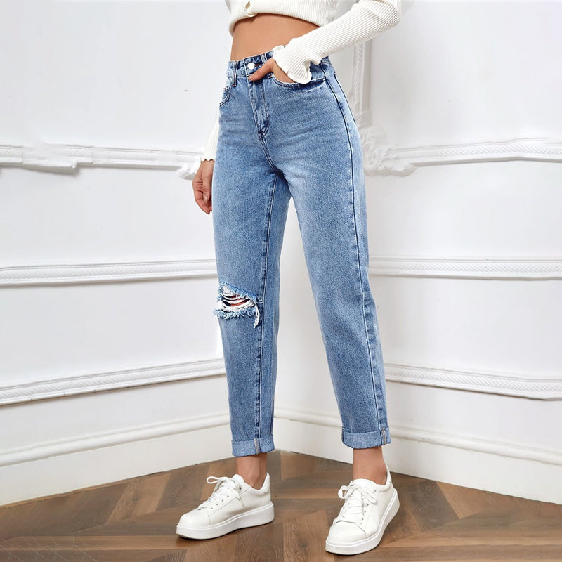 High Waist Ripped Mom Fit Jeans