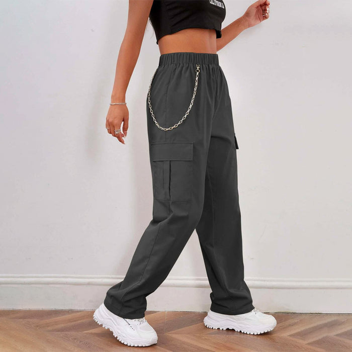 Elastic Waist Cargo Pants With Chain