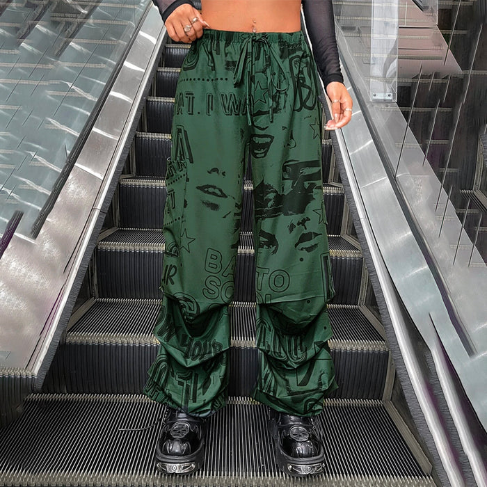 Graphic Drawstring Waist Parachute Pants