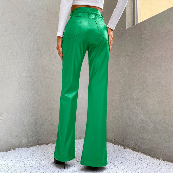 High Waist Slit Hem PU Leather Flare Leg Pants