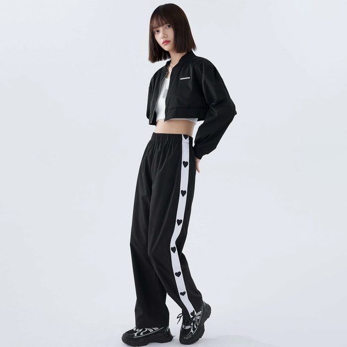 Black Heart Print Contrast Side Seam Pants