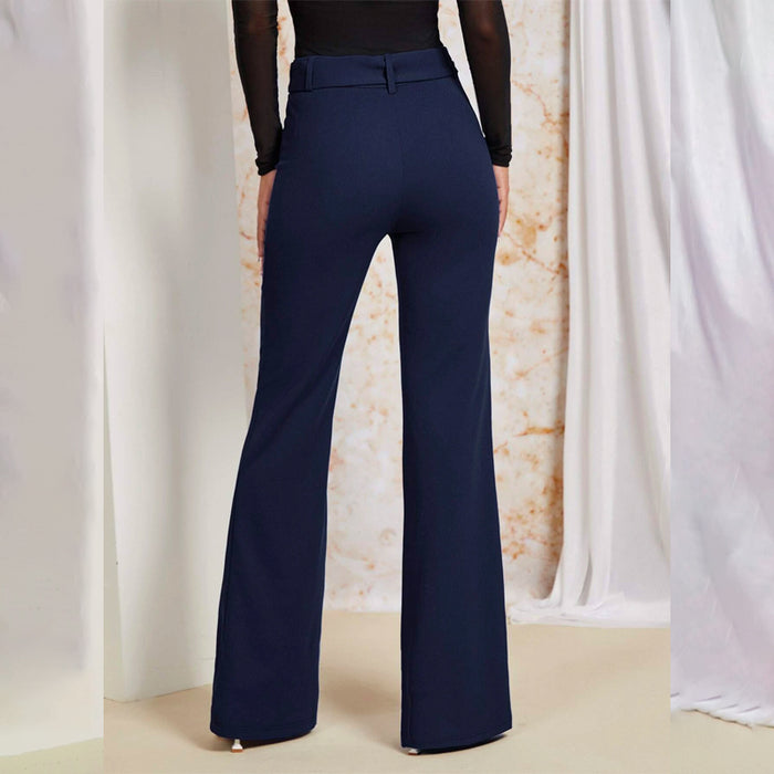 Plain Solid Flare Leg Belted Pants