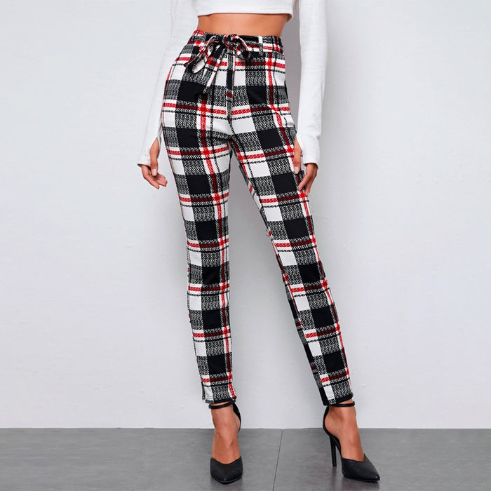 Checked Self Belted Plaid Skinny Pants