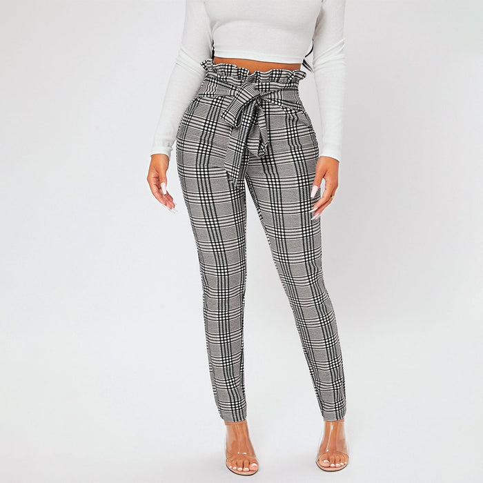 Plaid Print Petite Waist Knot Front Pants