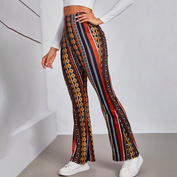 Geo And Striped Print Flare Leg Pants