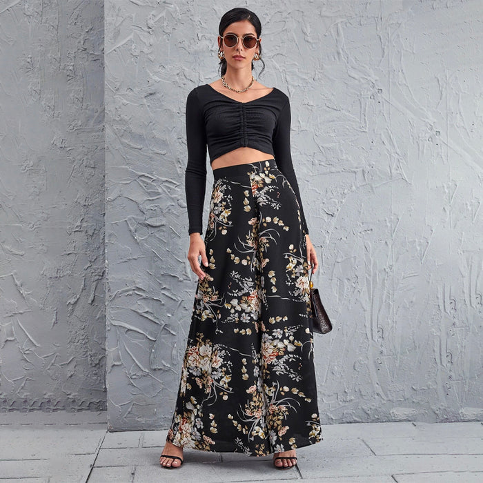 High Waist Floral Wide Leg Pants