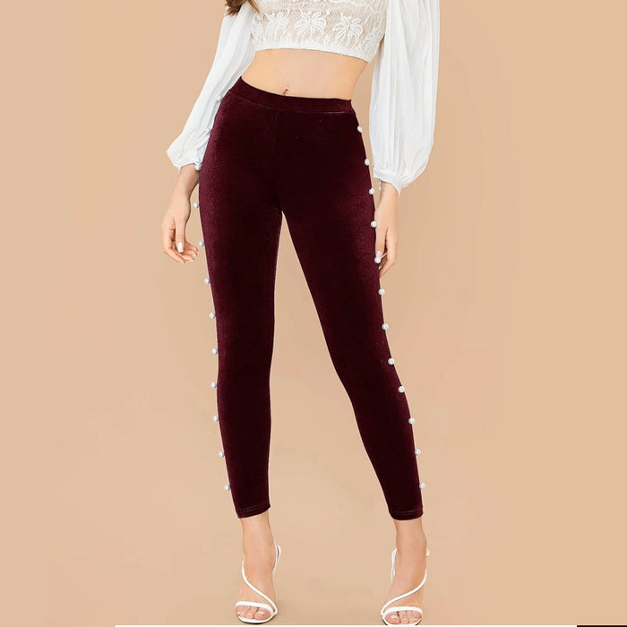 Pearl Beaded Velvet Skinny Pants