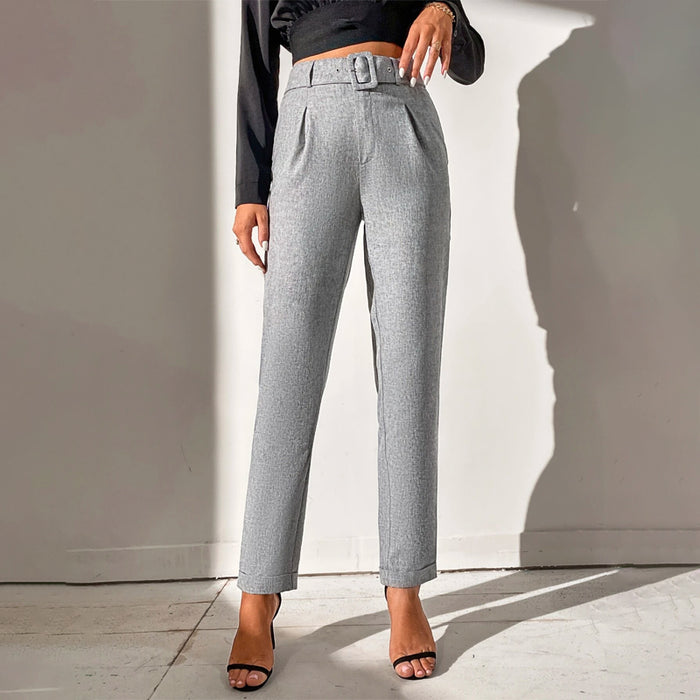 Solid Straight Leg Casual Belted Pants