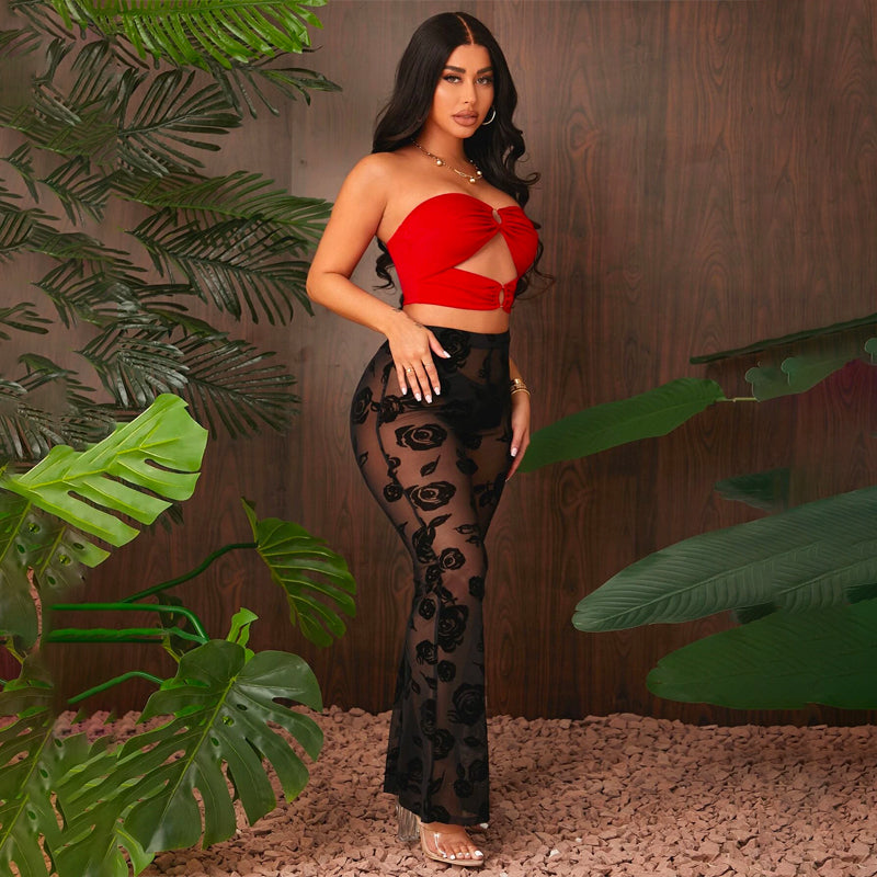 Floral Flocked Mesh Sheer Pants