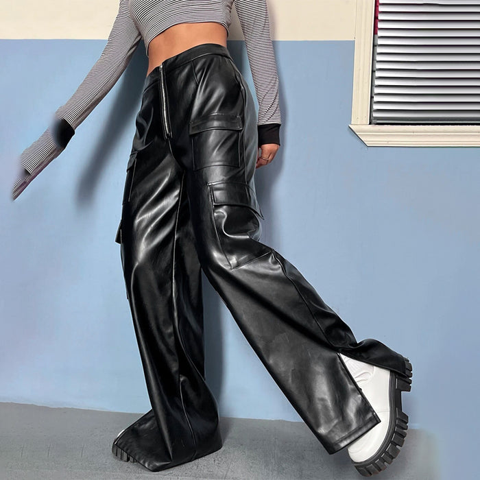 Flap Pocket Side Split Hem PU Pants