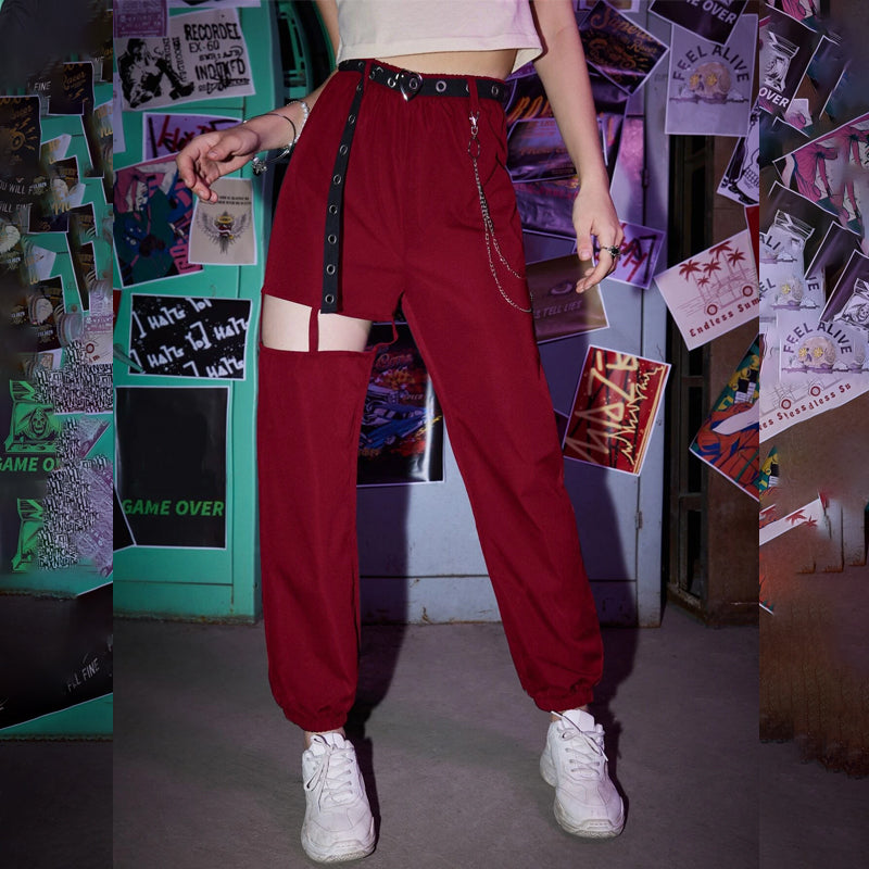 Grunge Punk Solid Belted Chain Cut-out Pants