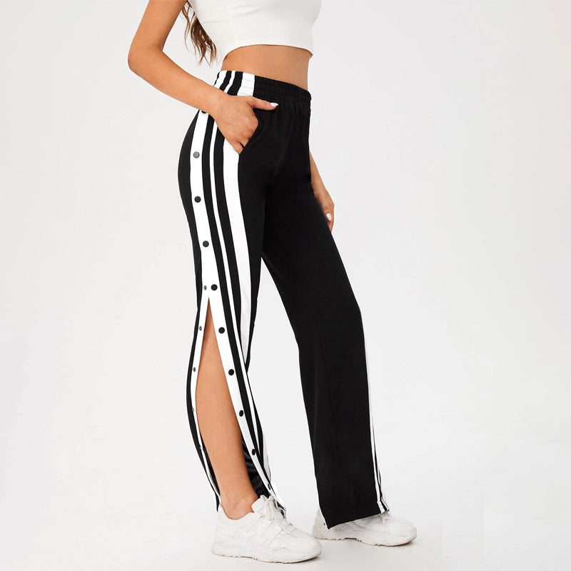 Side Stripe Button Detail Slit Hem Sweatpants