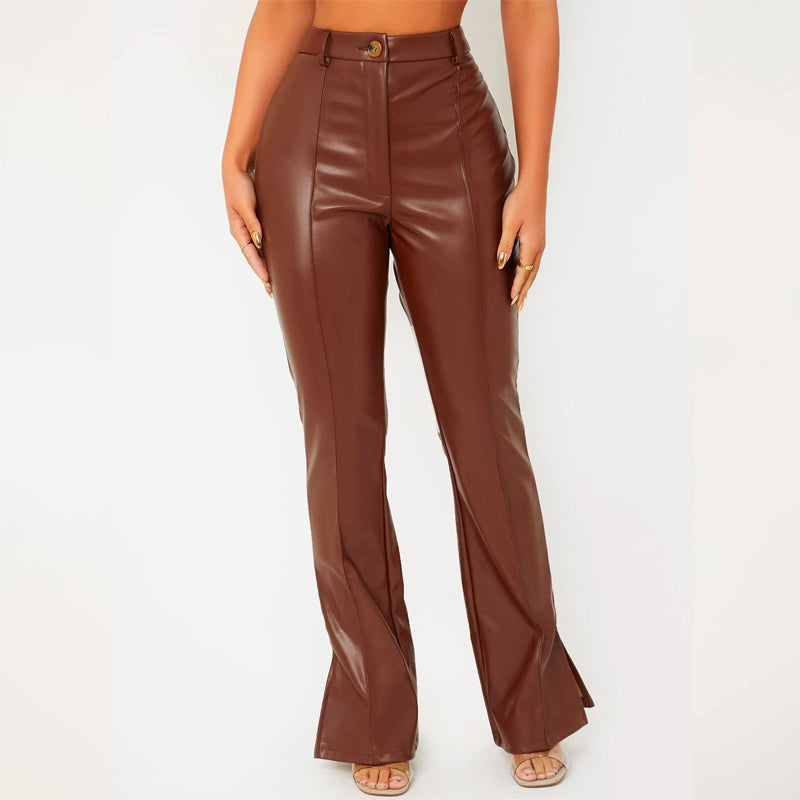 Zipper Fly Seam Front Split Hem Leather Pants