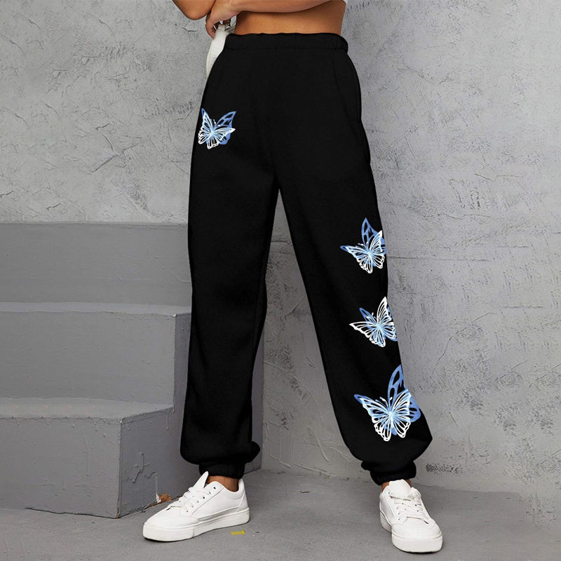 Butterfly Print Elastic Waist Easy Wear Sweatpants