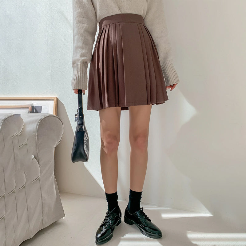 Solid Pleated High Waist Skirt