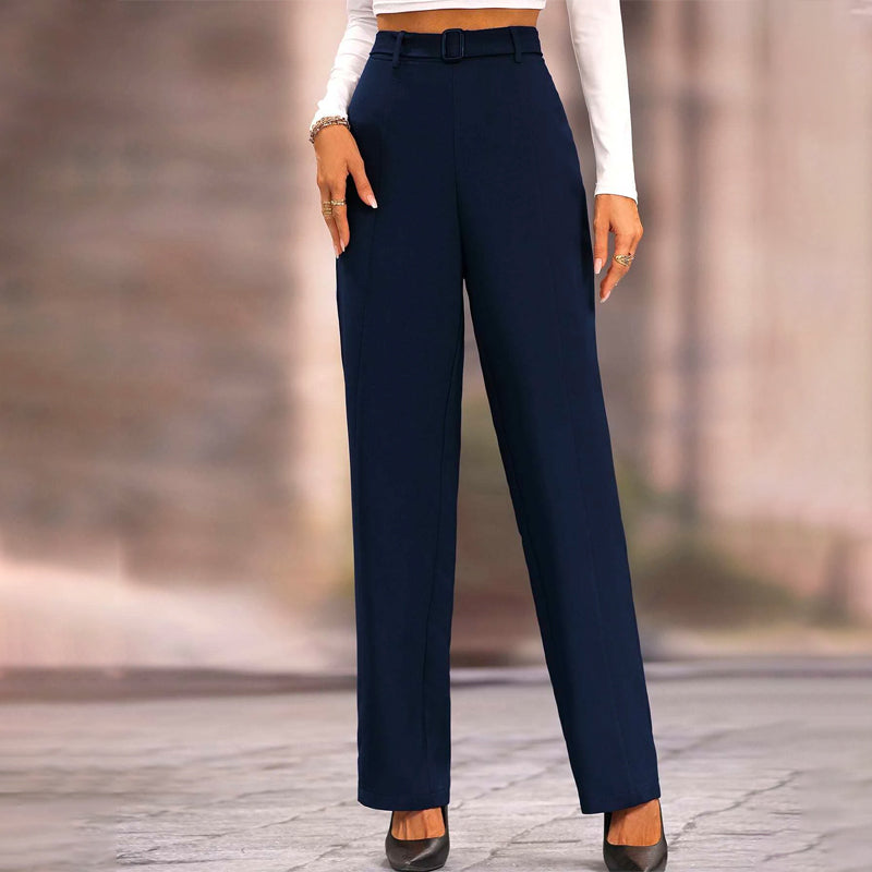 Solid Straight Leg Belted Pants