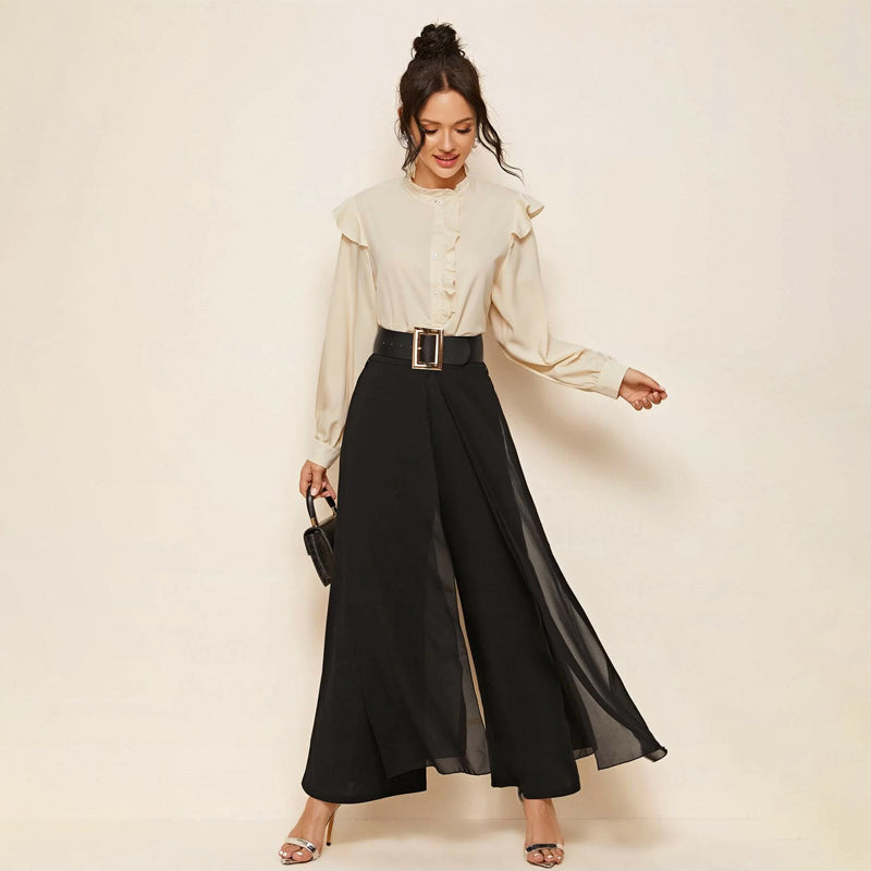 Skirt Overlay Buckle Belted Wide Leg Pants