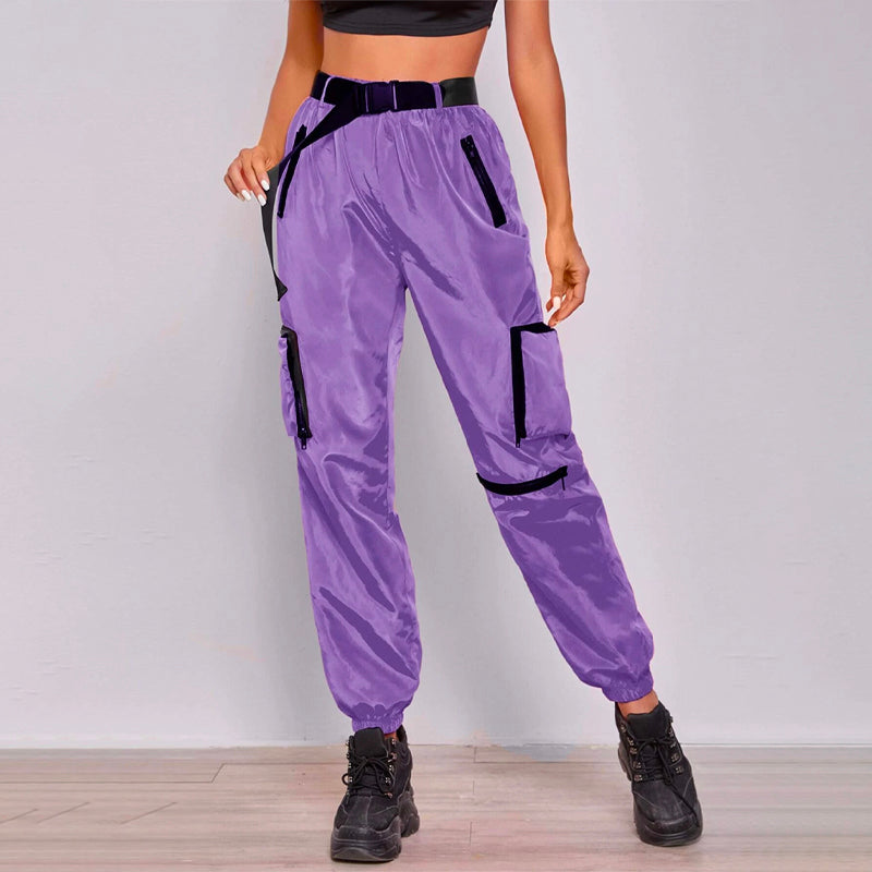 Zipper Patch Pocket Push Buckle Belted Wind Joggers