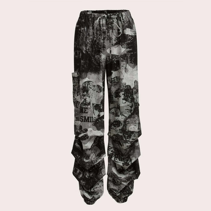 Figure & Letter Graphic Drawstring Waist Parachute Cargo Pants