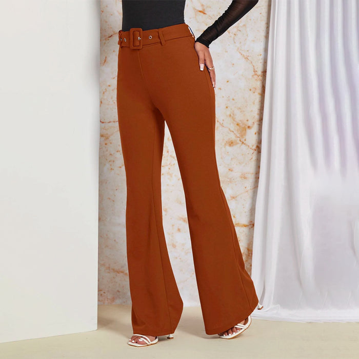 Plain Solid Flare Leg Belted Pants