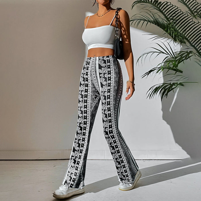 Striped And Floral Print Flare Leg Pant