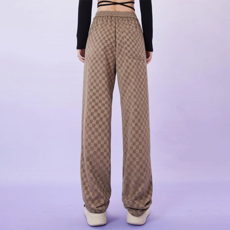 Drawstring Waist Checker Print Letter Patched Sweatpants