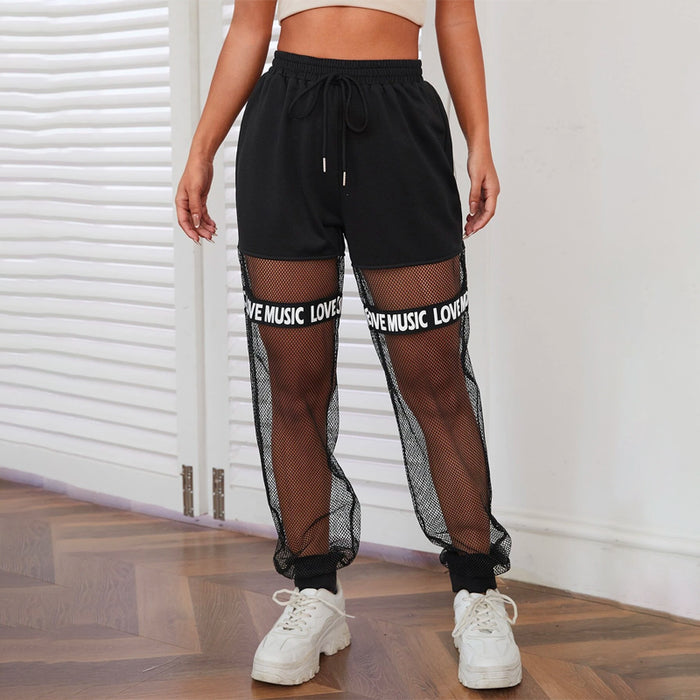 Mesh Panel Letter Tape Drawstring Waist Pants