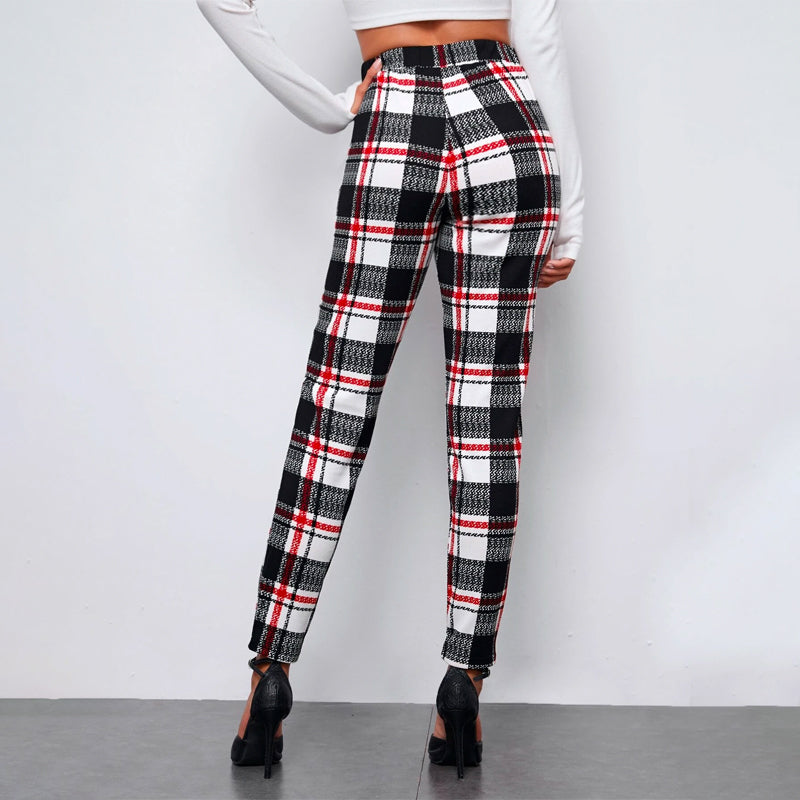 Checked Self Belted Plaid Skinny Pants