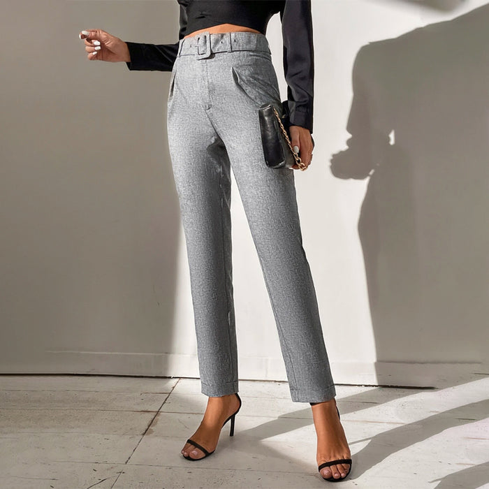 Solid Straight Leg Casual Belted Pants