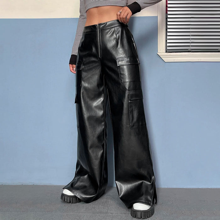 Flap Pocket Side Split Hem PU Pants