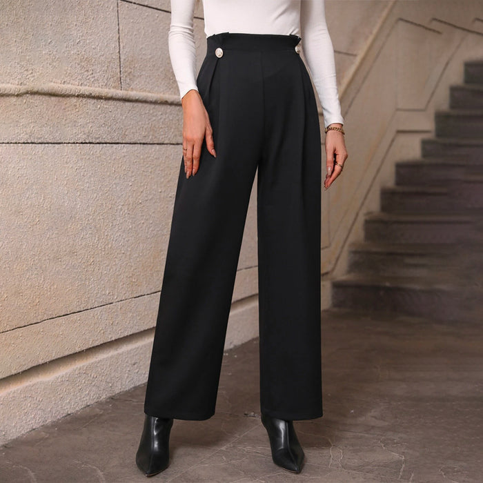 High Waist Button Detail Straight Leg Pants