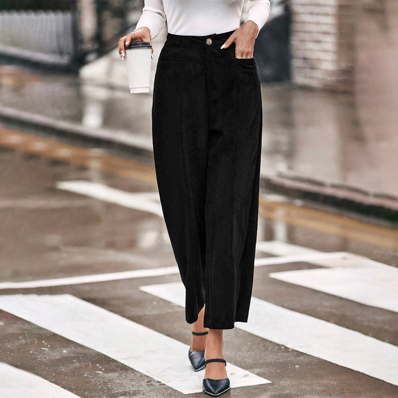 Solid Dual Pocket Corduroy Wide Leg Pants