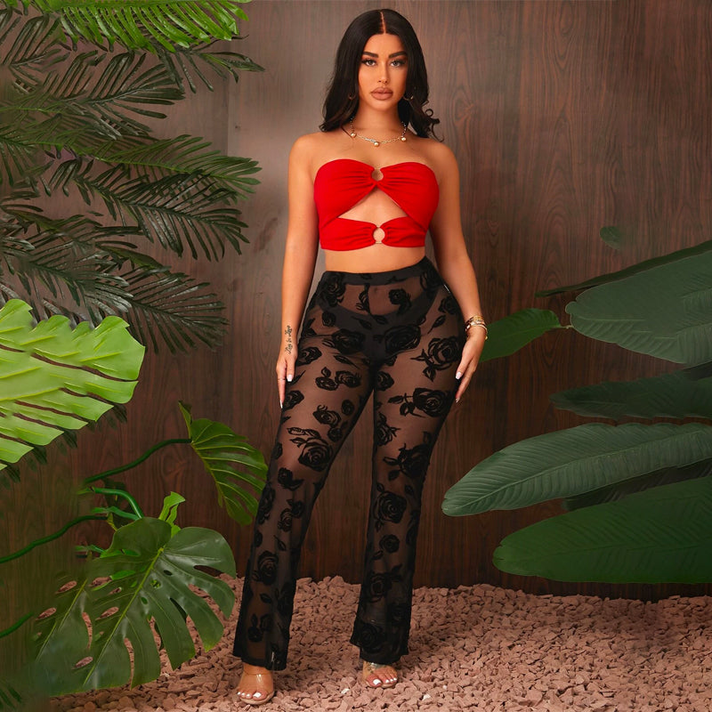 Floral Flocked Mesh Sheer Pants