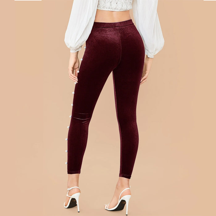 Pearl Beaded Velvet Skinny Pants