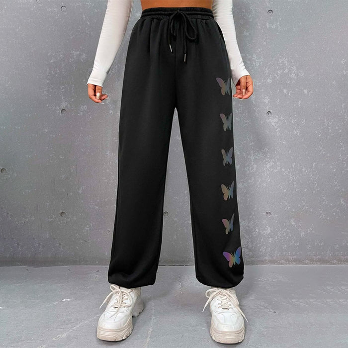 Reflective Butterfly Print Drawstring Waist Sweatpants