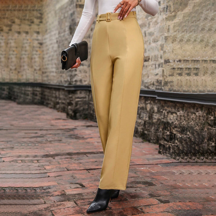 Solid Straight Leg Belted Pants