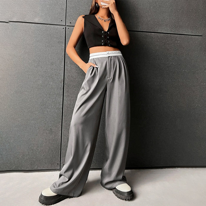 High Waist Fold Pleated Colorblock Pants