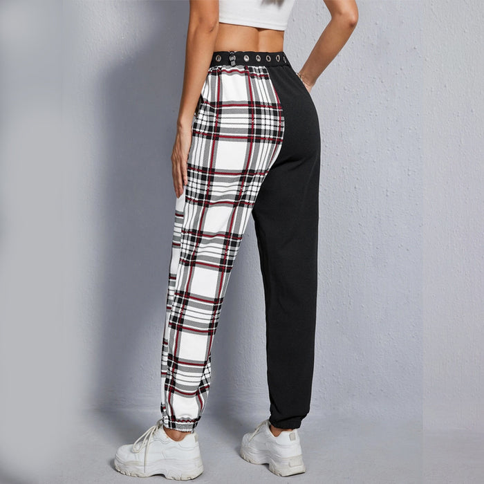 Color Block Tartan Chain Detail Belted Pants